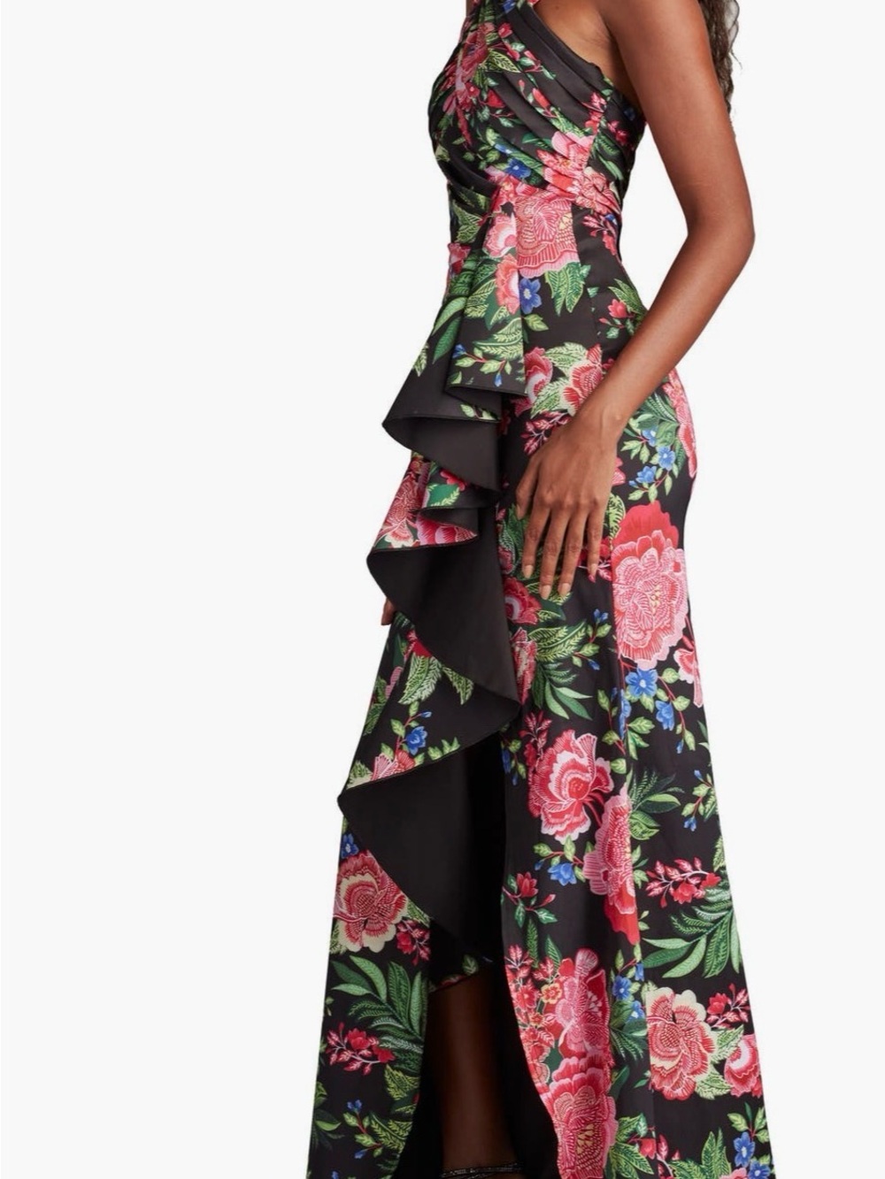 Tadashi Shoji Black One-Shoulder Floral Ruffle Gown